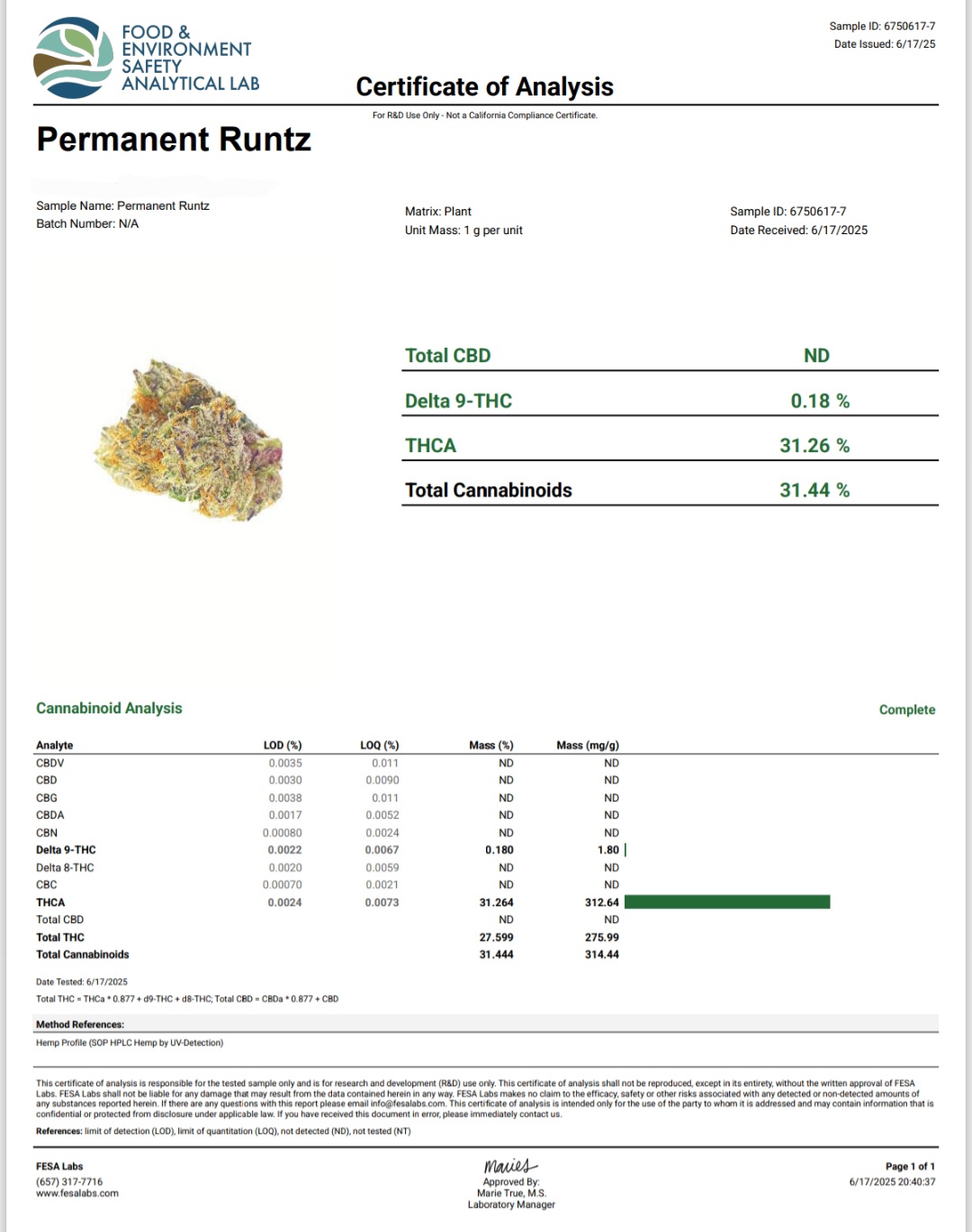 Better Than Nine Permanent Runtz Strain legal THCA HEMP coa