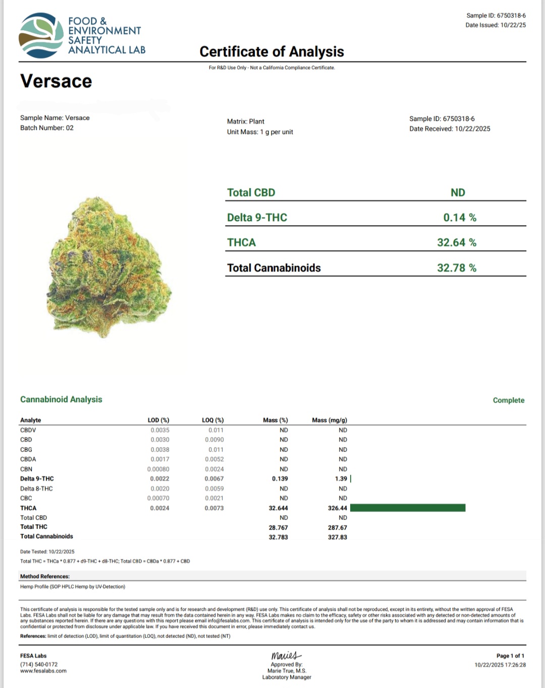 Better Than Nine Versace Strain legal THCA hemp coa