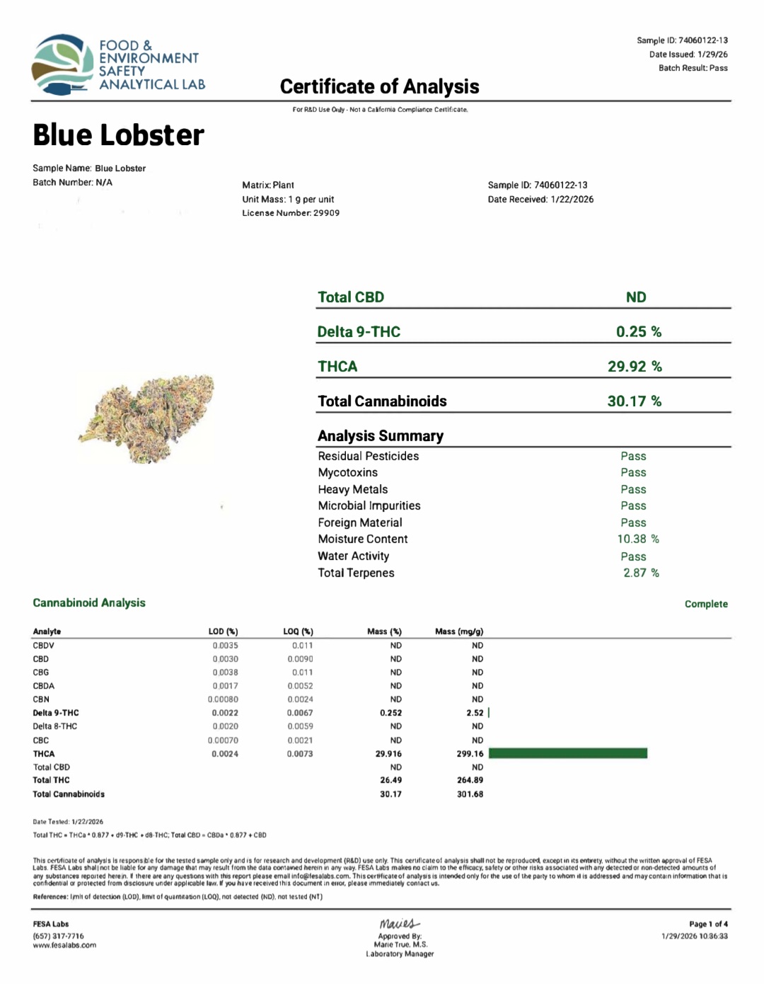 Better Than Nine Blue Lobster Strain THCA Hemp Certificate of Analysis