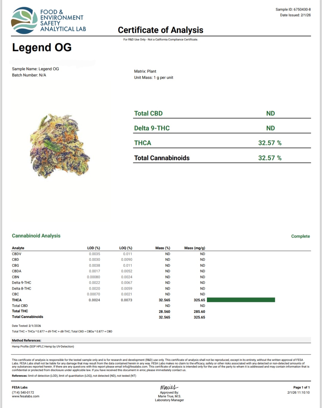 Better Than Nine Legend OG strain THCA Flowers COA for legal hemp