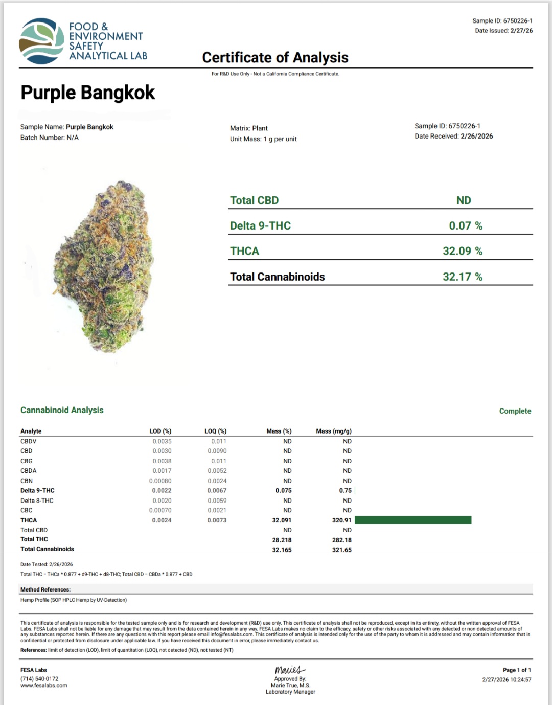 Better Than Nine Purple Bangkok strain THCA Flowers COA for legal hemp