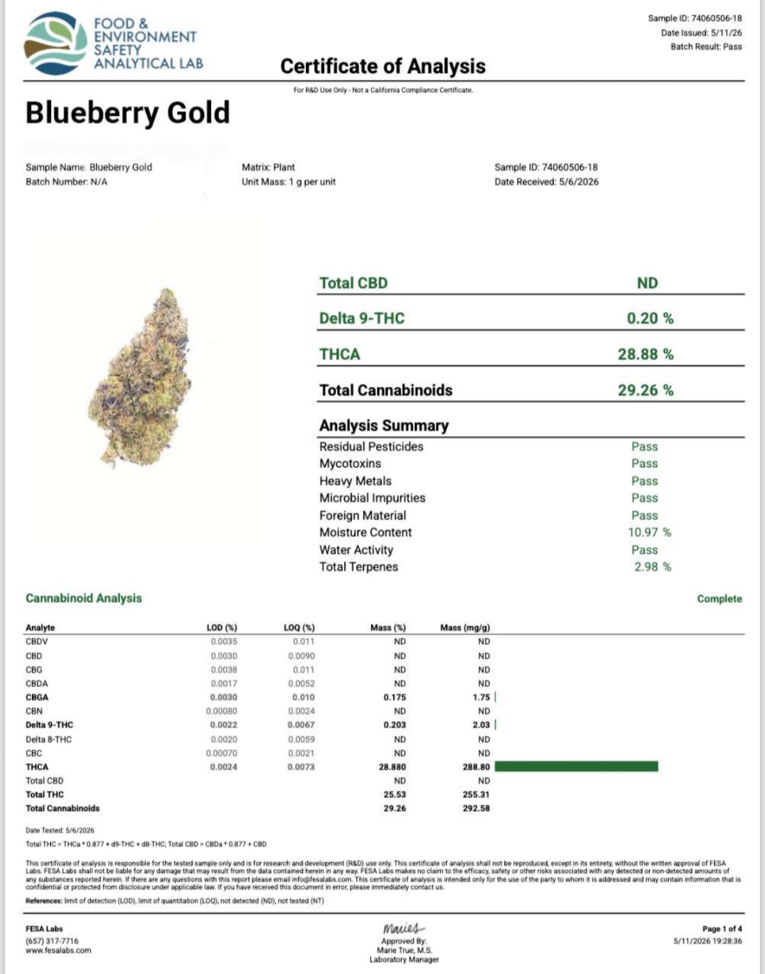 Better Than Nine Blueberry Gold Strain THCA Legal Hemp Flower Certificate of analysis COA