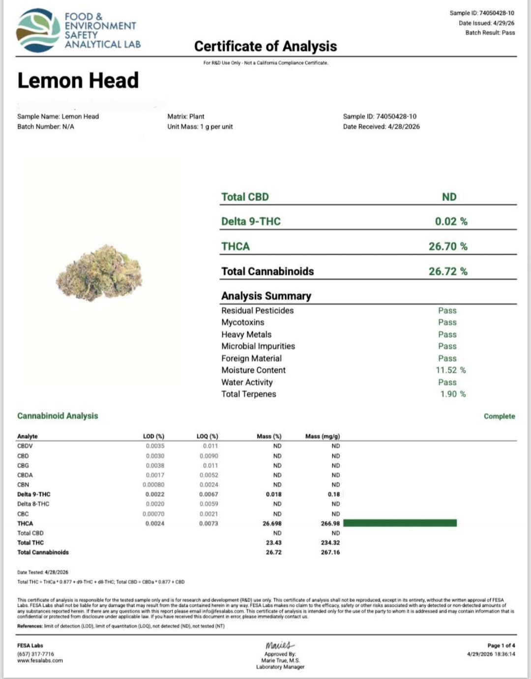 Better Than Nine Lemon Head Strain THCA Legal Hemp Flower Certificate of Analysis COA