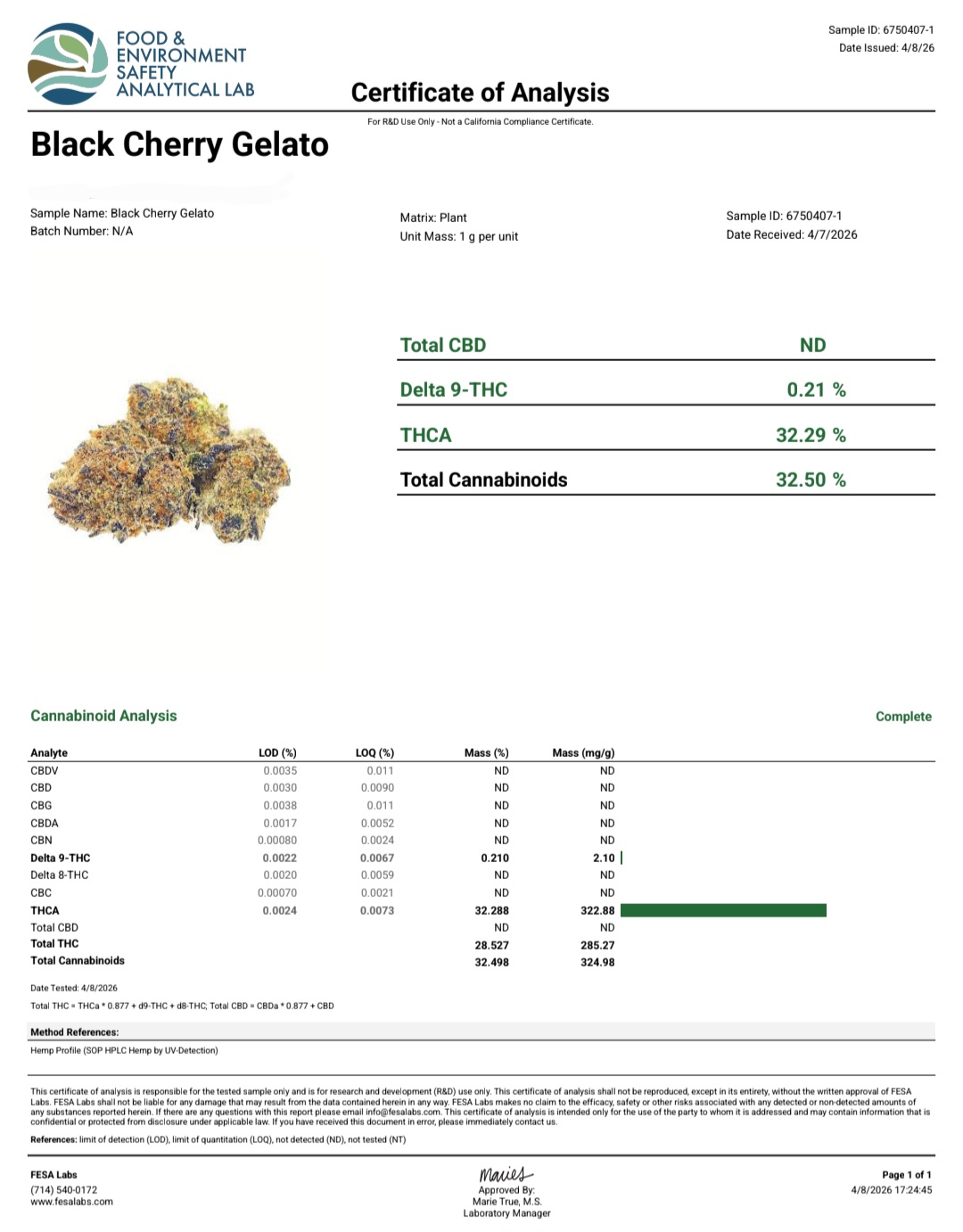 Better Than Nine Black Cherry Gelato Strain THCA Hemp Flowers Certificate of Analysis COA