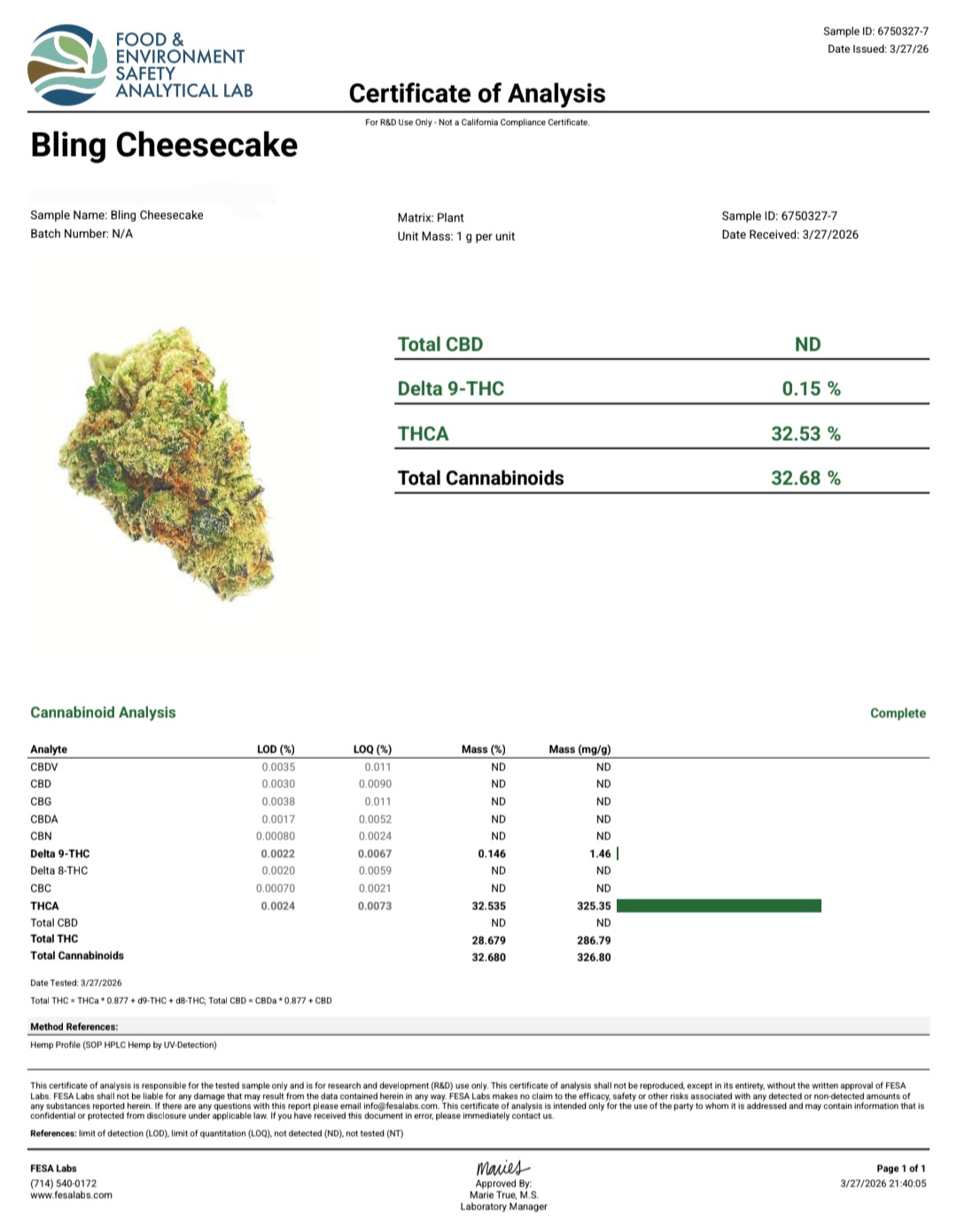 Better Than Nine Bling Cheesecake Strain THCA Hemp Flowers Certificate of Analysis COA