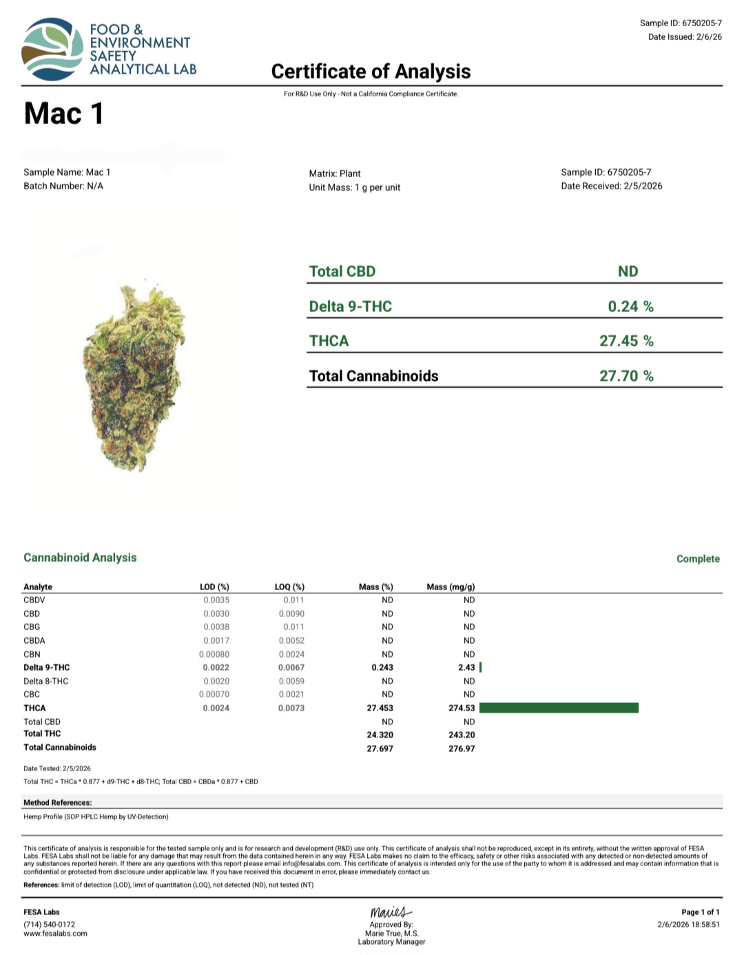 Better Than Nine MAC 1 Strain THCA Hemp Flowers Certificate of Analysis COA